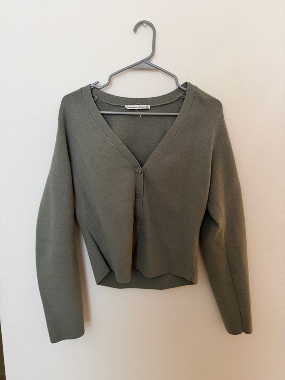 Abercrombie & Fitch Olive Green Cropped V-Neck Round Sleeve Button Cardigan